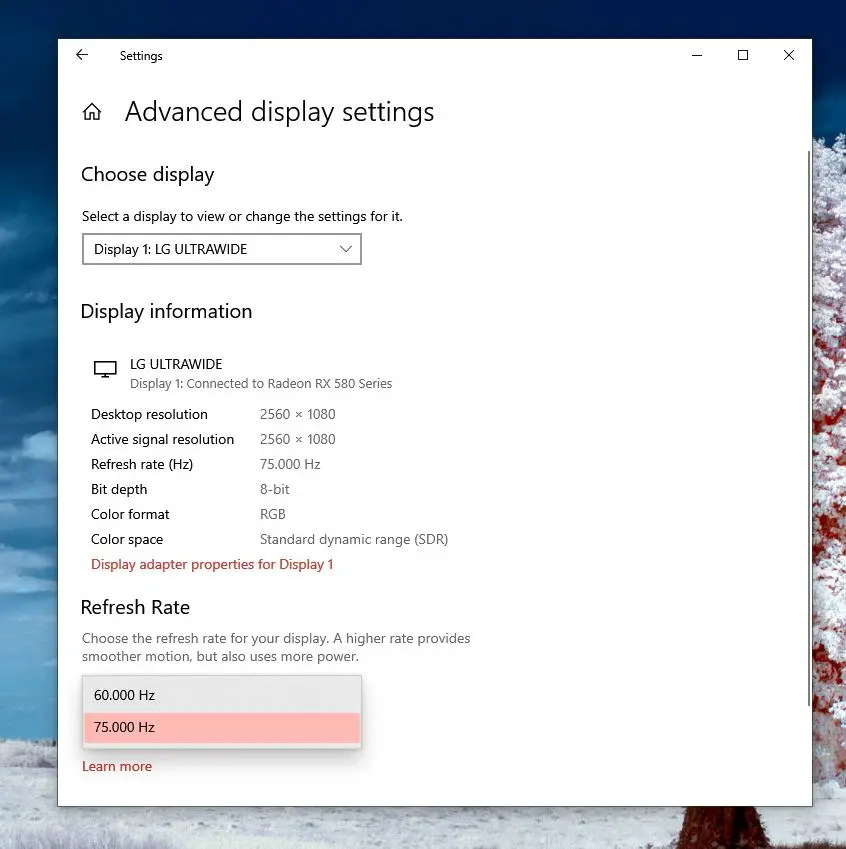 Refresh Rate Settings in Advanced Display Settings