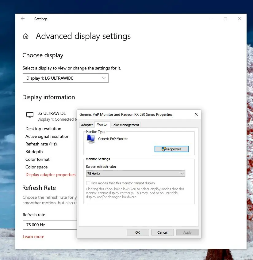 Setting Refresh Rate From Display Adapter Properties 