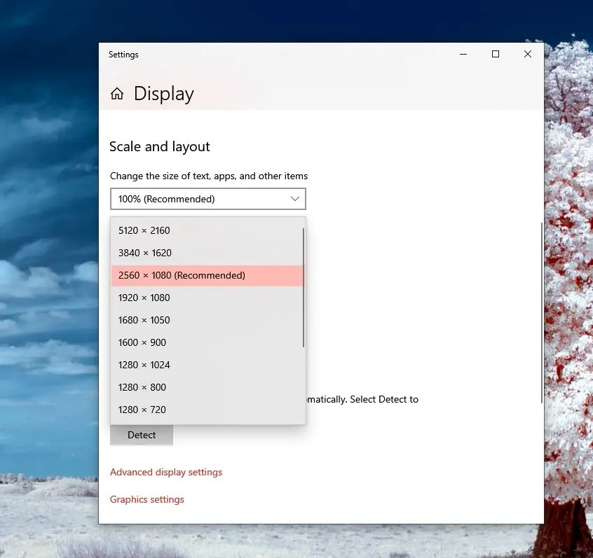 Setting resolution from Display settings