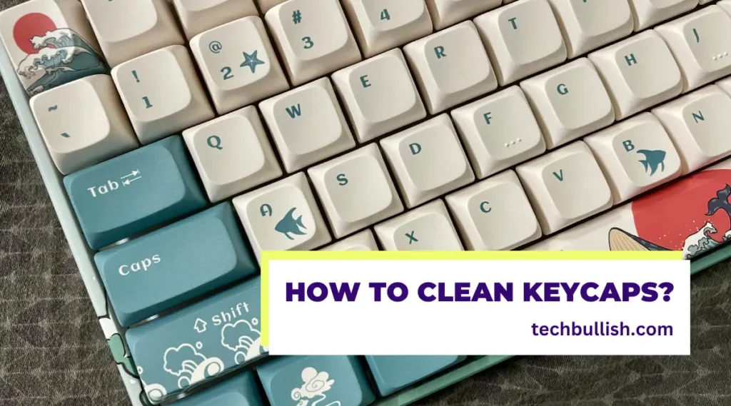 Mechanical keyboard keycaps being cleaned with supplies including keycap puller, cleaning solution, and microfiber cloth laid out on desk