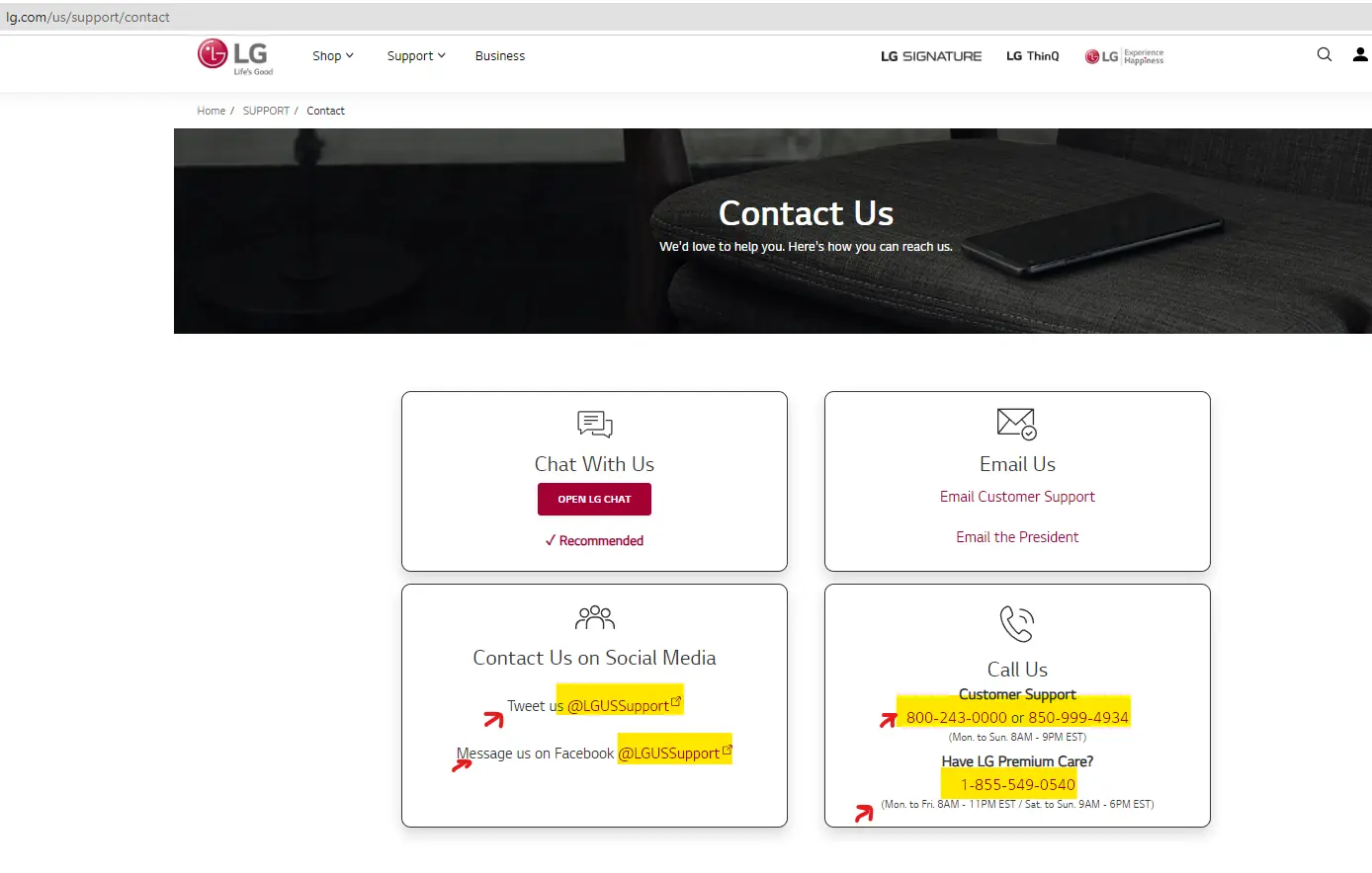Screenshot of LG Customer support page usa
