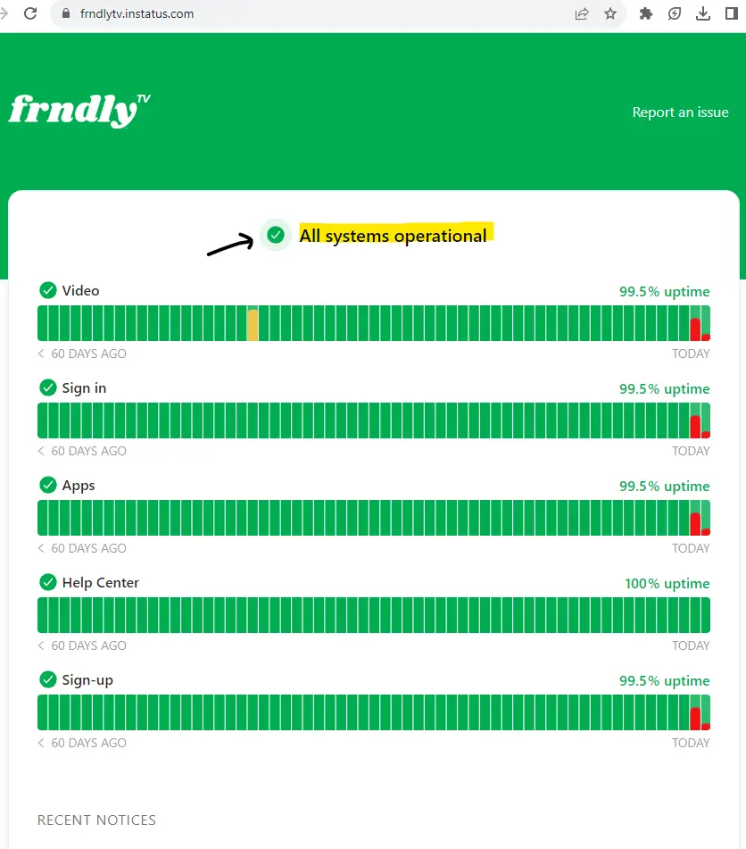 Screenshot showing Frndly TV status