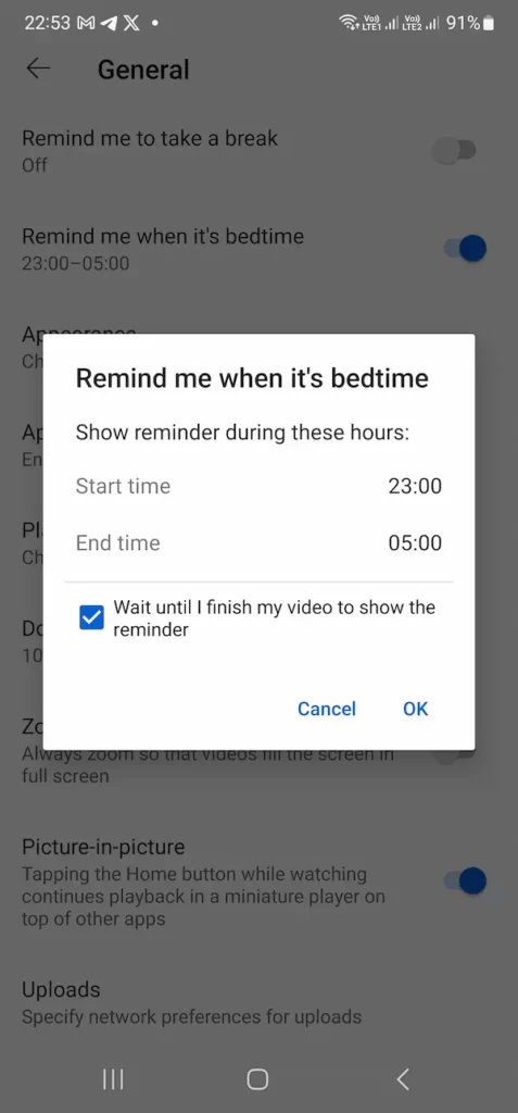 Steps to turn off Remind me when it's bedtime