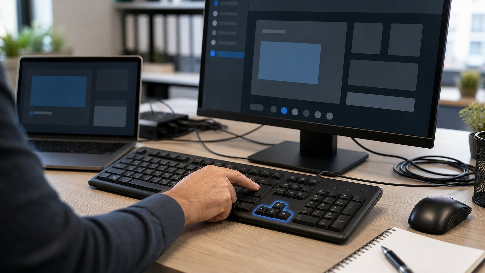 A technician tests a keyboard at a desktop workstation while another computer is nearby for comparison.