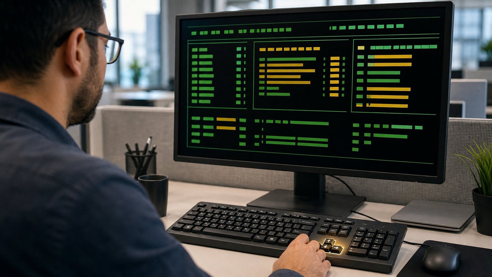 IT professional testing arrow keys on a keyboard while viewing a terminal interface on a computer monitor.