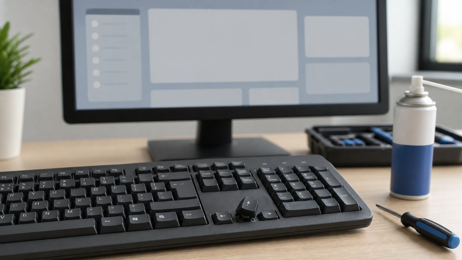 A computer keyboard with a malfunctioning arrow key on a technical support desk.