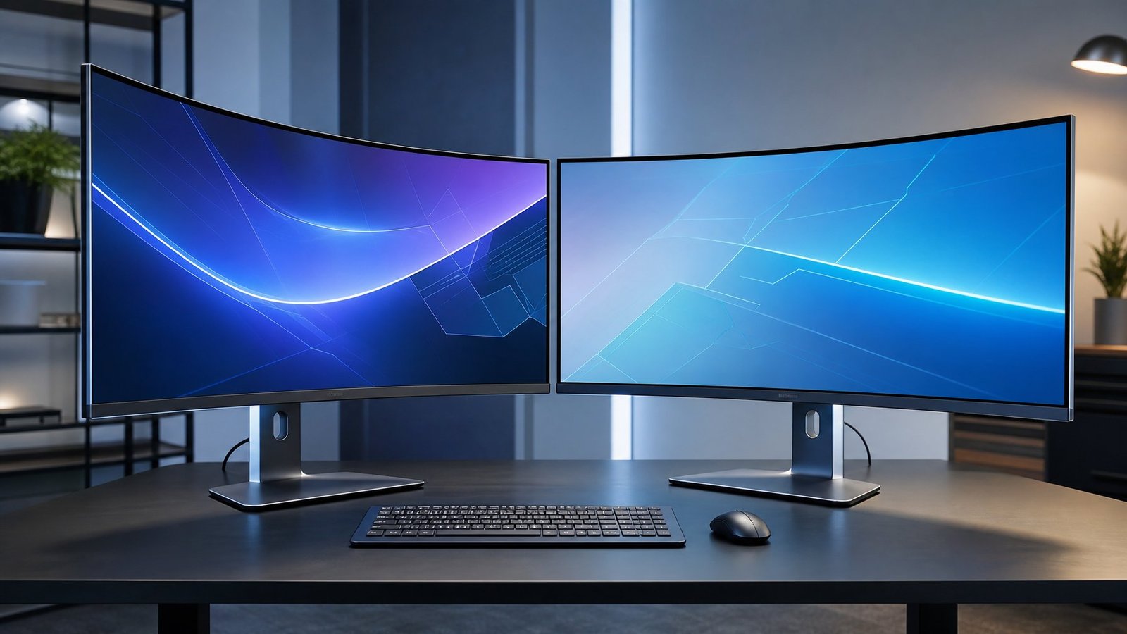 Two curved computer monitors sit side by side, with one more tightly curved than the other.