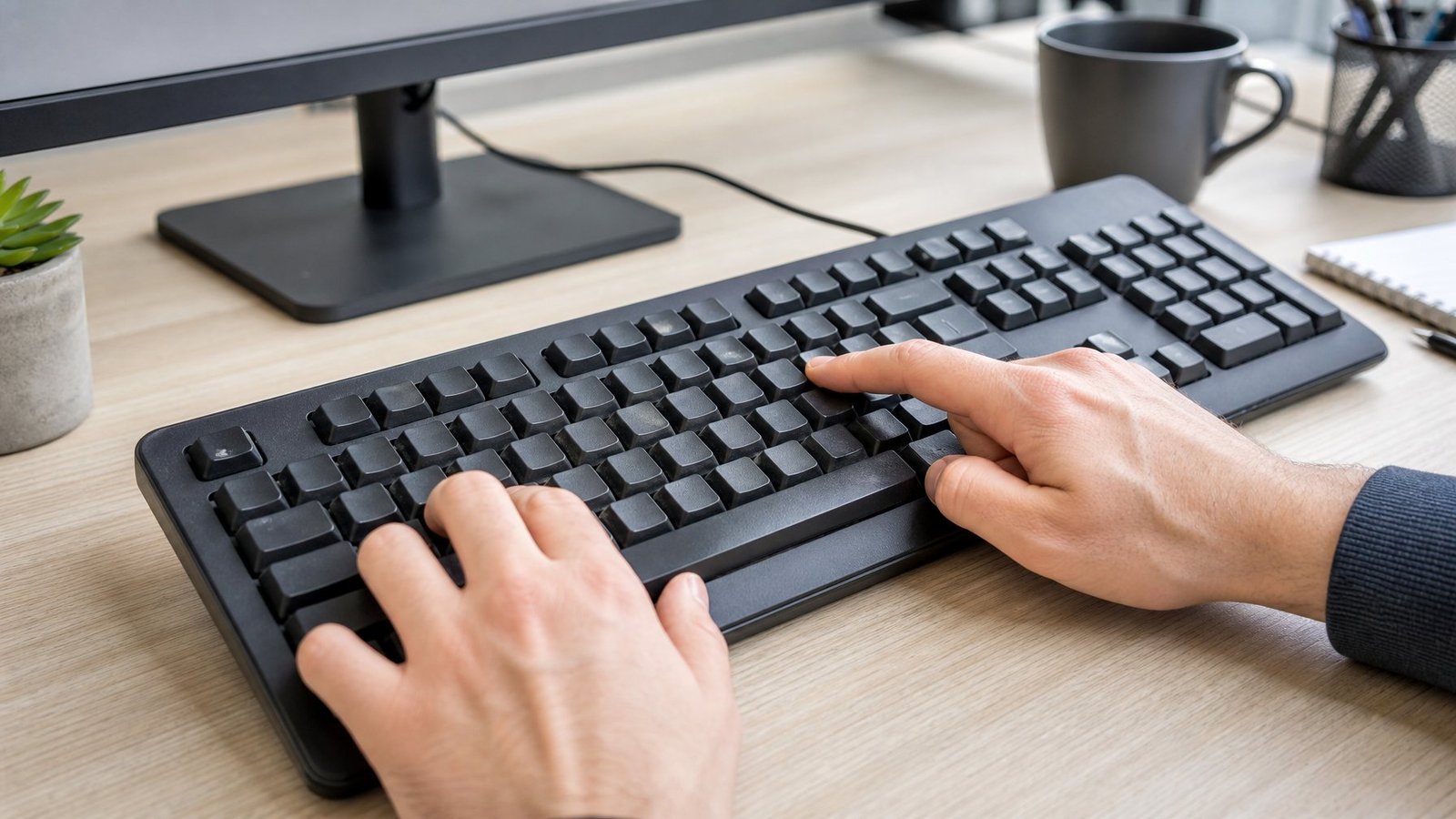 Hands testing a slightly worn membrane keyboard on a modern desk.
