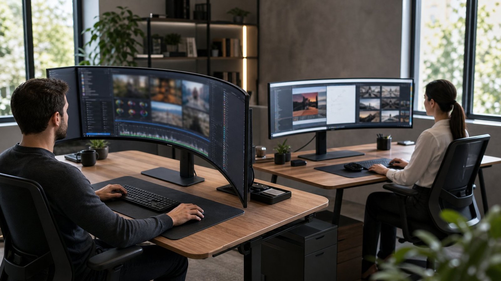 Two people compare tightly curved and gently curved monitors at separate ergonomic desks.