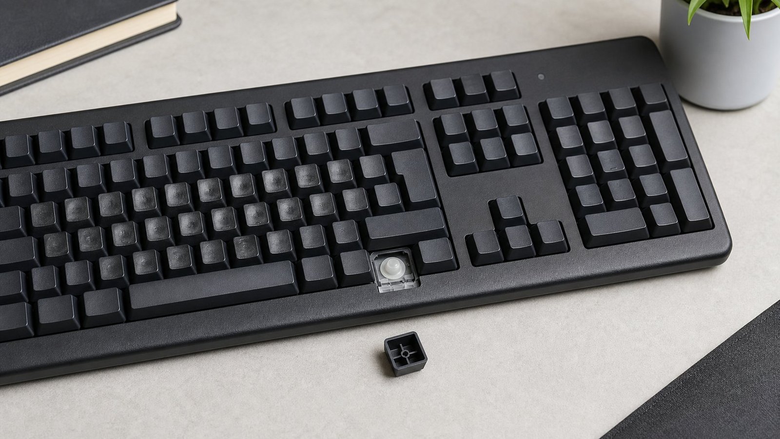 A membrane keyboard showing unevenly worn keys and an exposed rubber membrane layer.