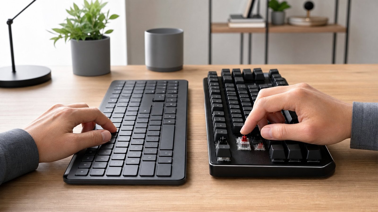 Two different keyboards sit side by side on a desk while a person compares their keys.