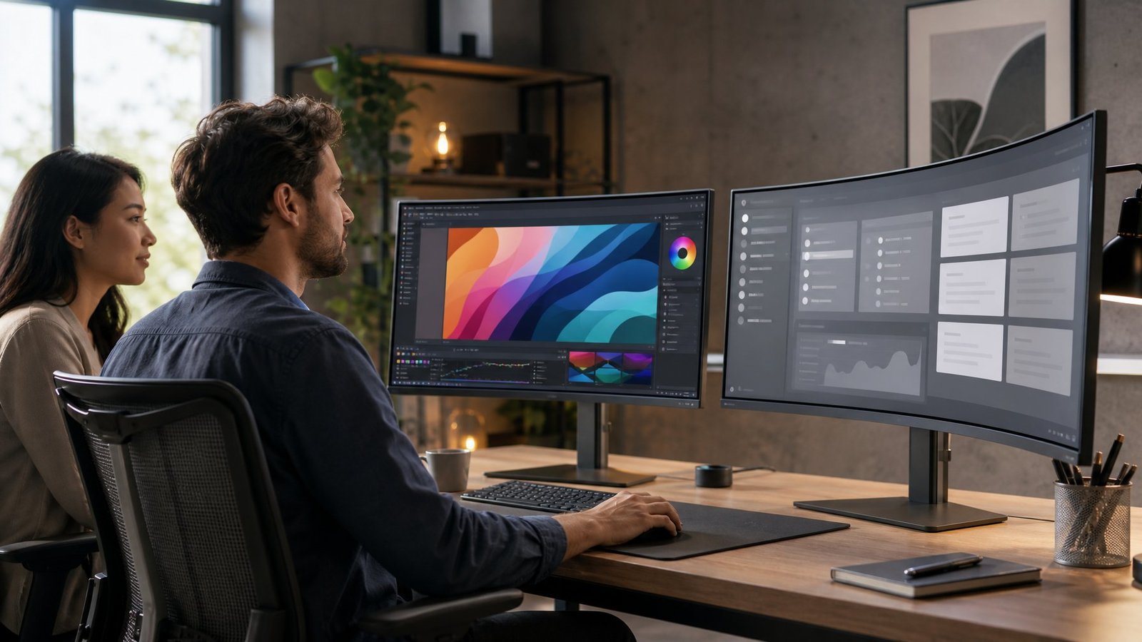 Two people compare differently curved monitors in a modern creative workspace.