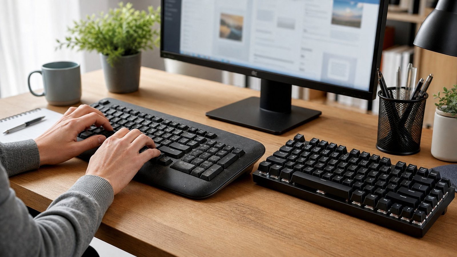 Hands typing on a worn membrane keyboard beside a sturdier mechanical keyboard on a home office desk.