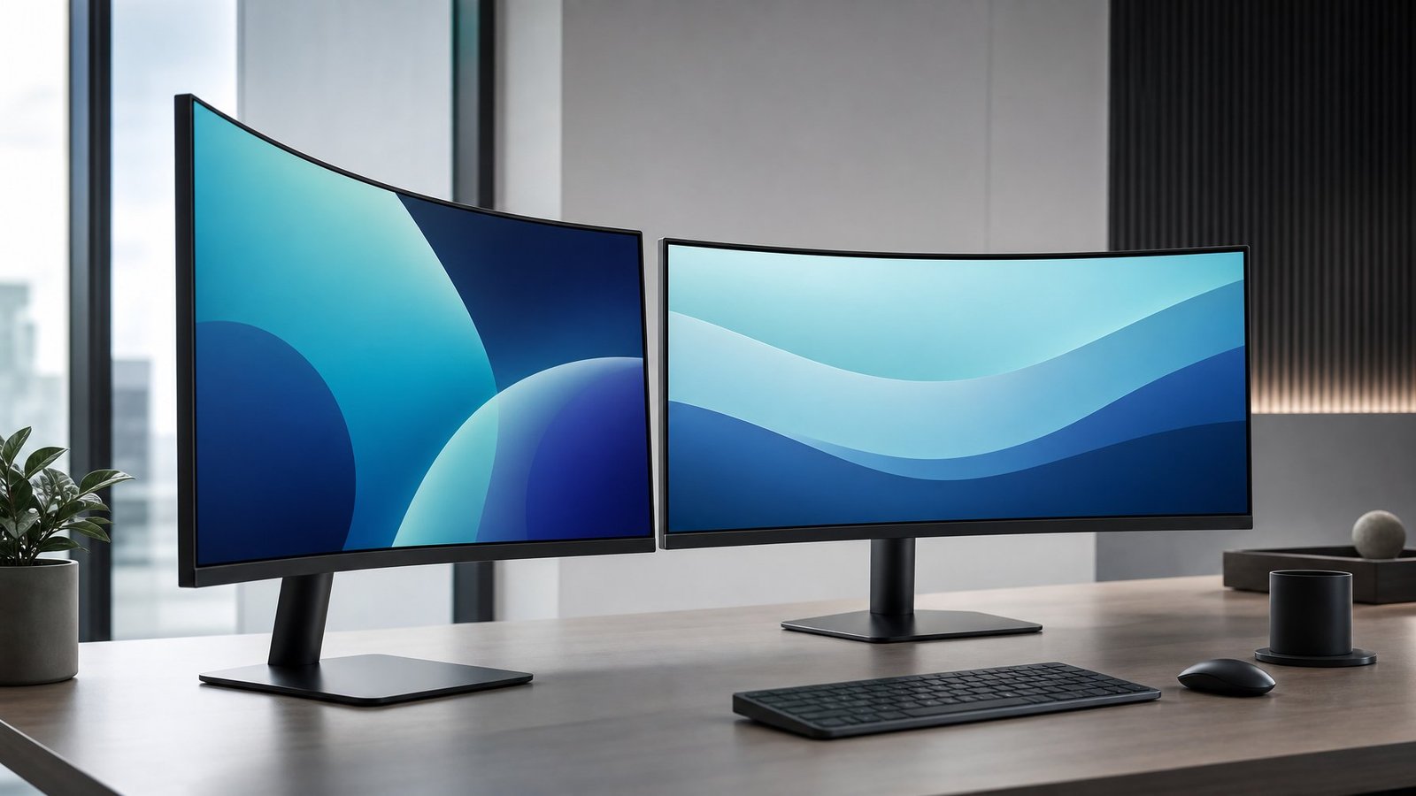 Two curved computer monitors with noticeably different degrees of curvature sit side by side on a modern desk.