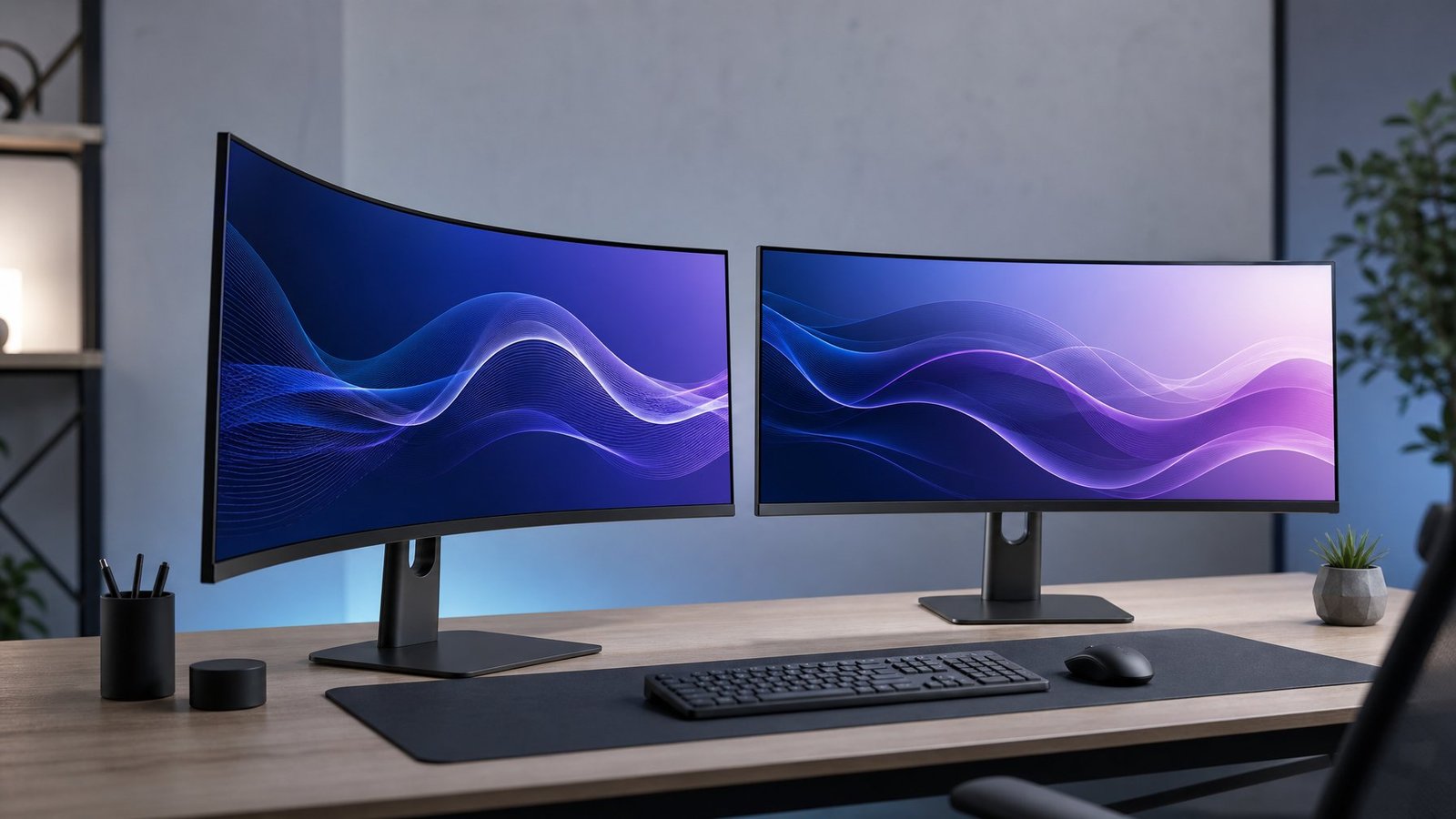 Two curved computer monitors with different degrees of curvature on a modern desk.