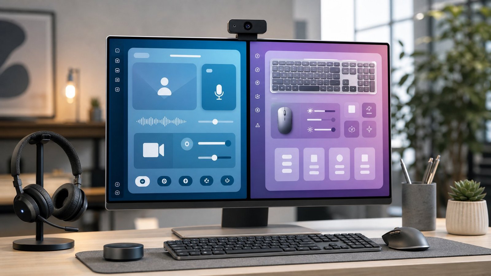 Modern workspace showing two abstract software dashboards for video-call controls and device customization beside a keyboard, mouse, webcam, and headset.