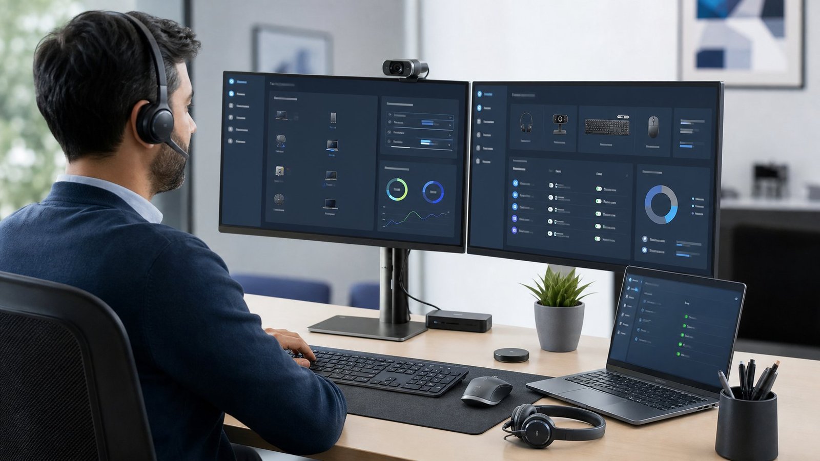 A systems administrator reviews multiple monitors showing abstract device-management interfaces beside computer peripherals in a modern office.