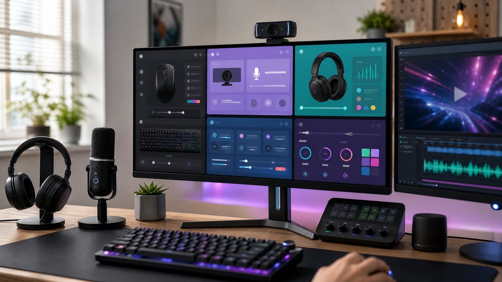 A modern desk with a webcam, headset, microphone, and two monitors showing abstract software dashboards for device control, meetings, and streaming.