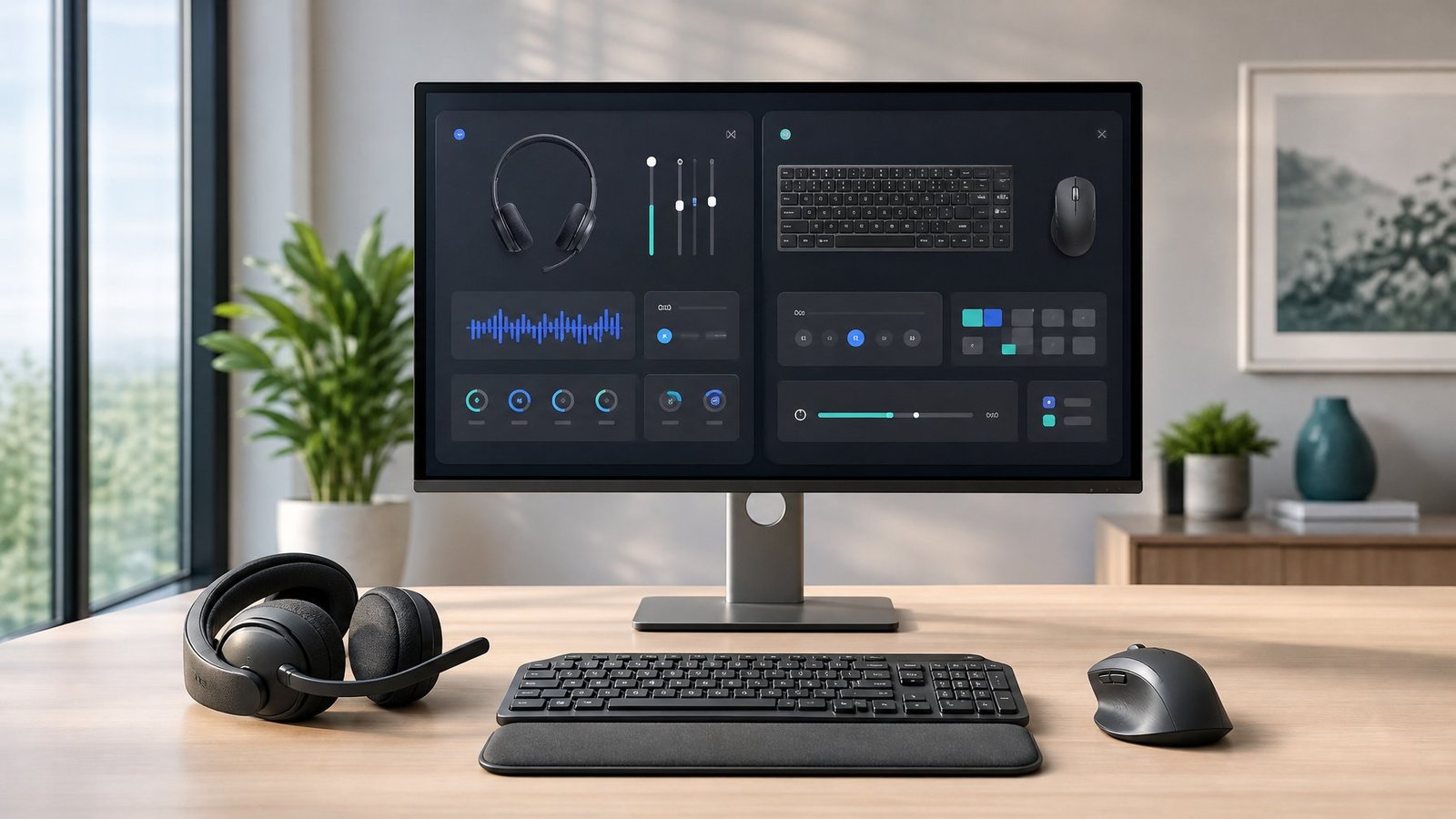 A modern desk with a computer, keyboard, mouse, and headset beside a screen showing abstract device settings.