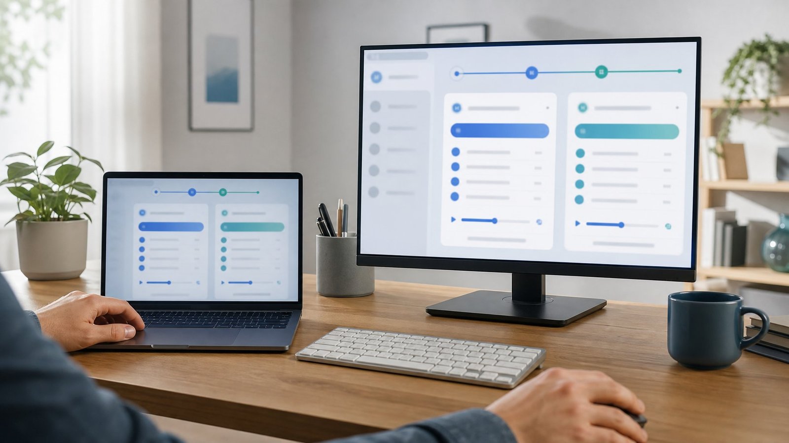 A modern workspace with a laptop, monitor, keyboard, and mouse arranged for comparing software settings.