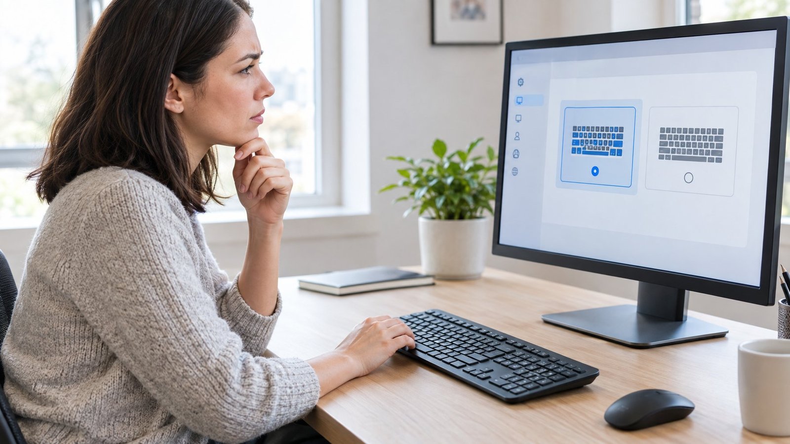 A person checks keyboard layout settings on a computer while seated at a desk.