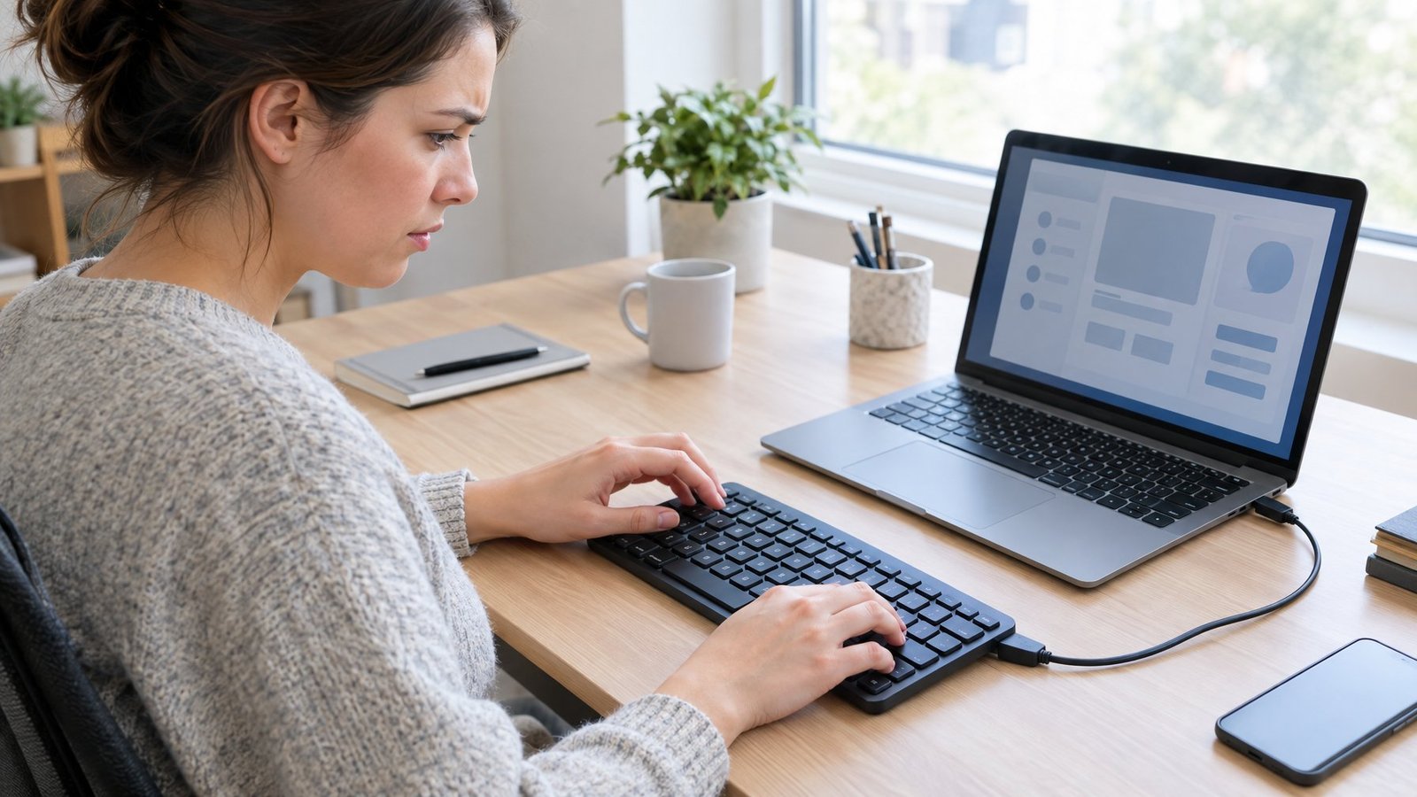 A person tests an external keyboard beside a laptop at a desk.
