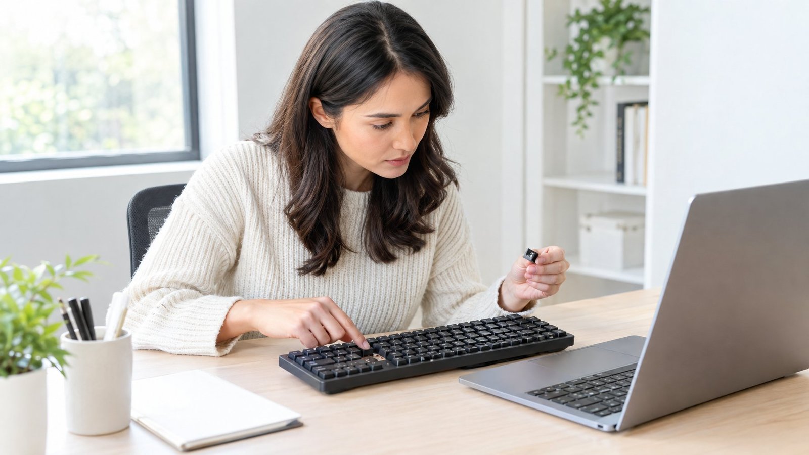A person checks a computer keyboard at a desk.