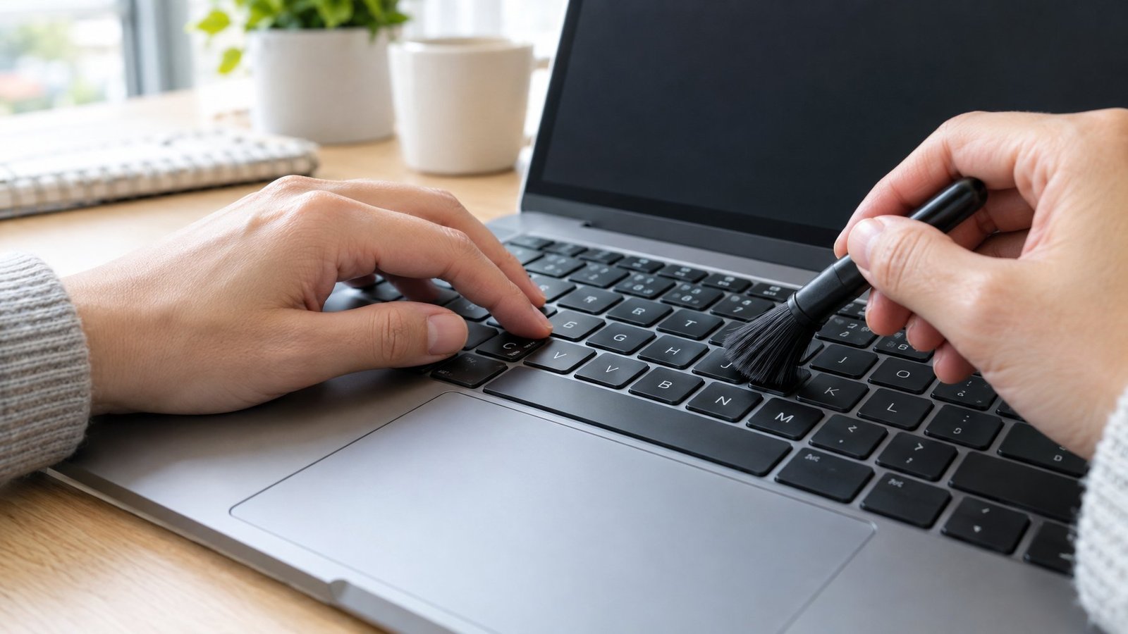A person tests the middle keys on a laptop keyboard while cleaning around them with a small brush.