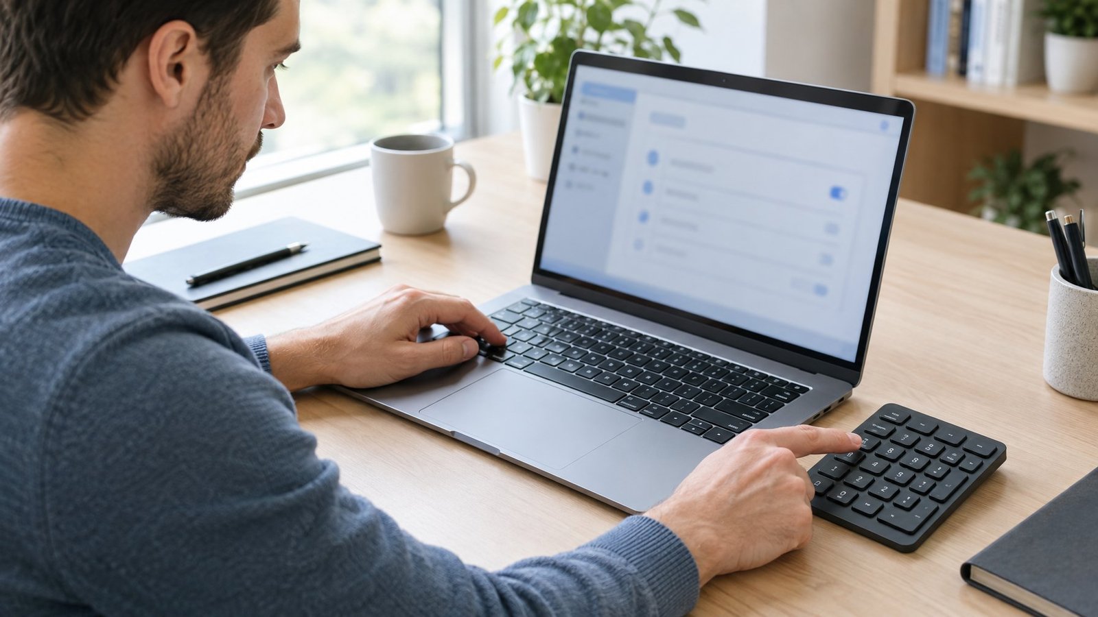 A person checks a laptop keyboard and a separate numeric keypad at a desk.