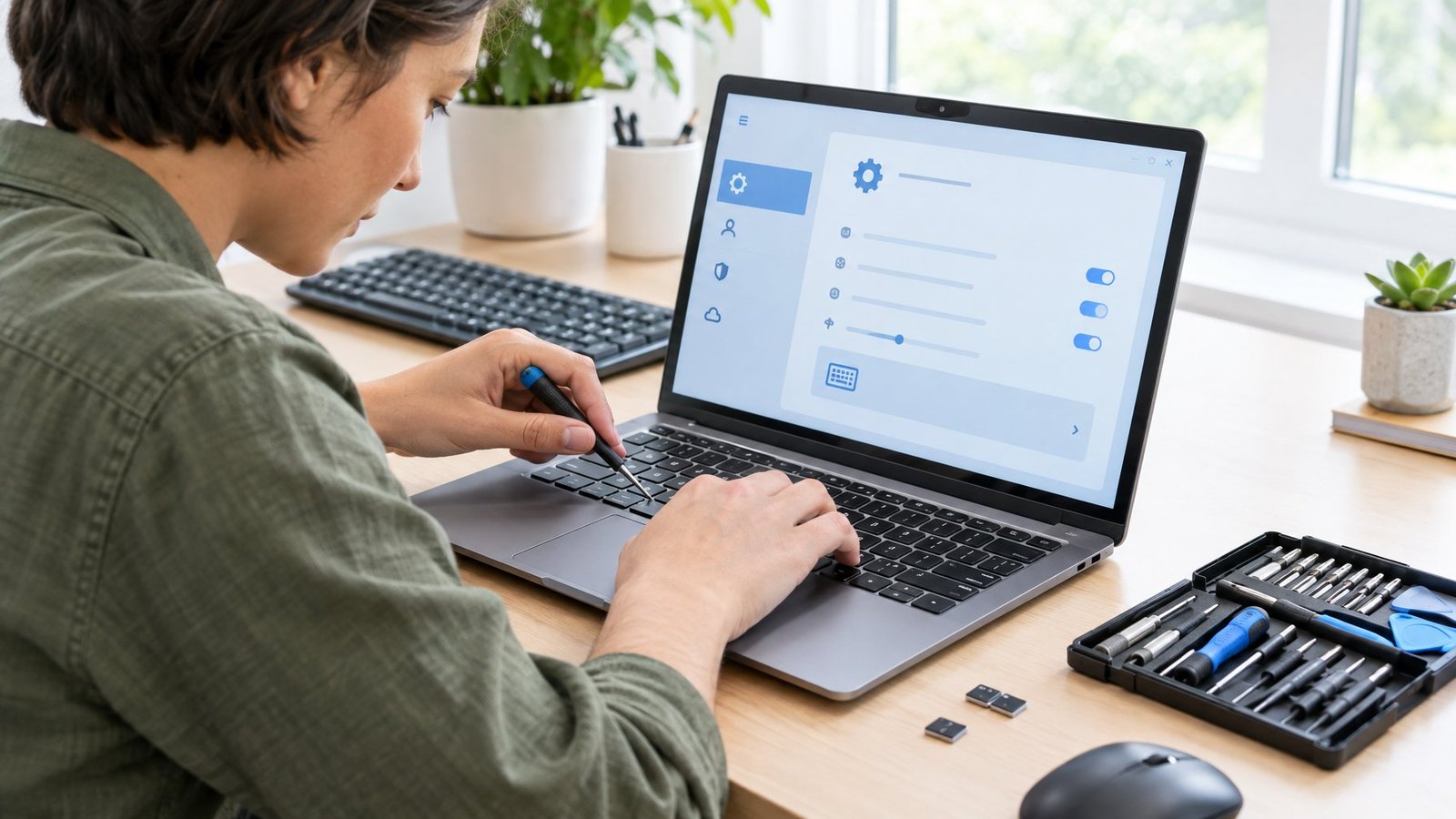 A person checks a laptop keyboard at a desk.