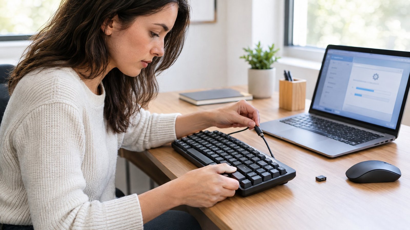 A person checks a computer keyboard and its connection at a desk.
