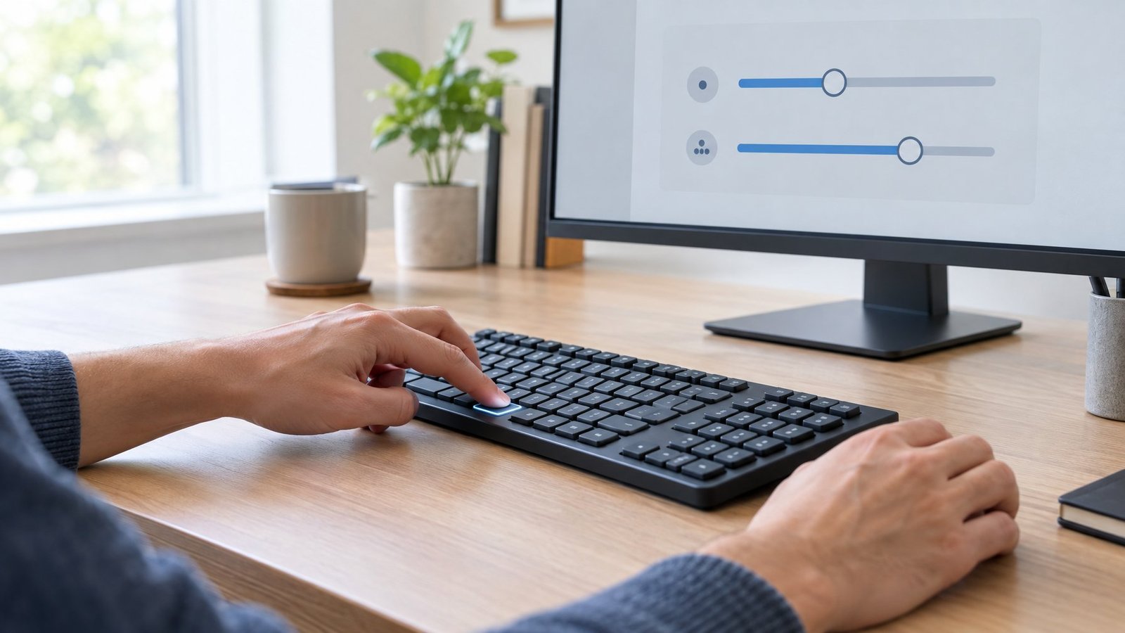 A person holds down a key on a computer keyboard at a desk.
