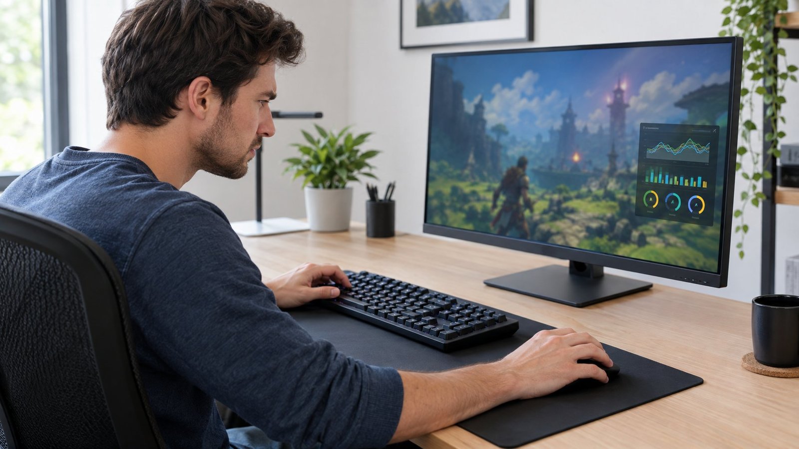 A person uses a keyboard and mouse while troubleshooting lag during a computer game.