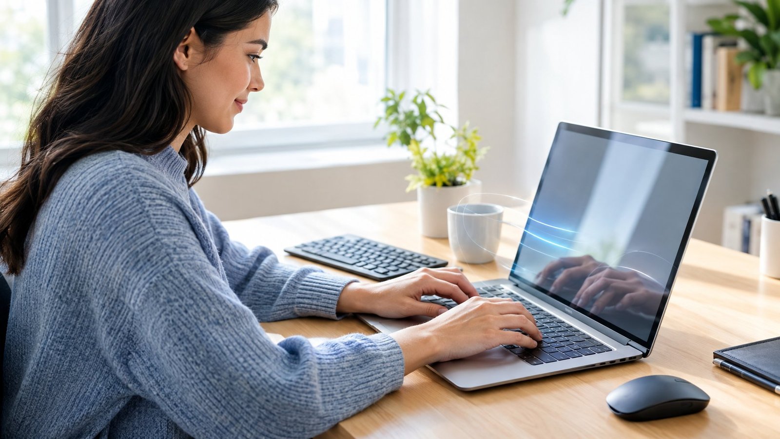A person types on a laptop at a tidy desk.