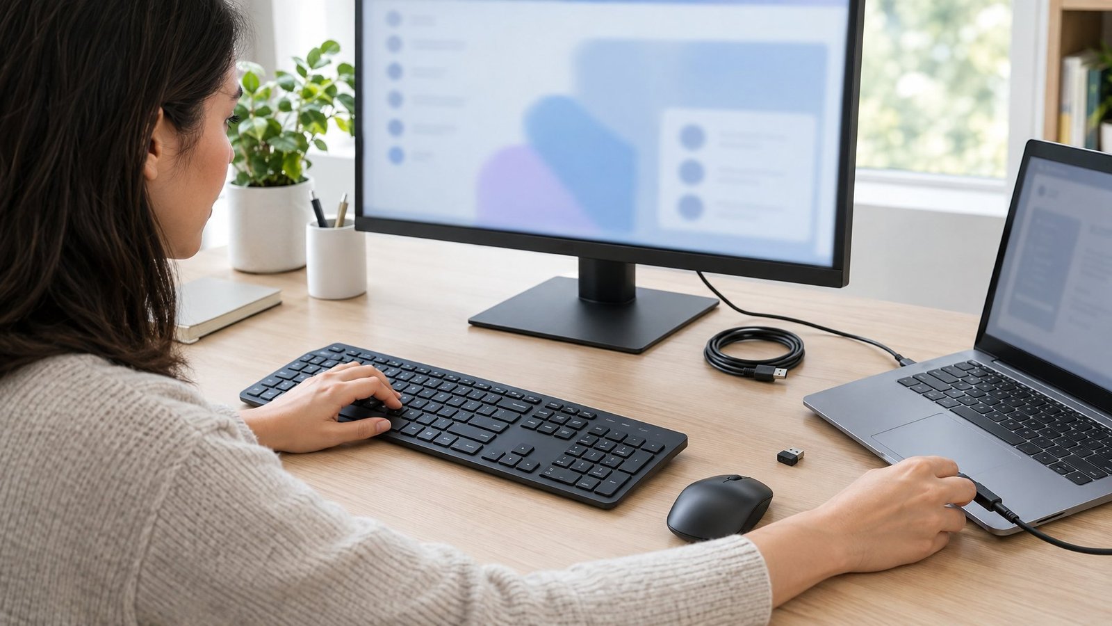 A person checks a computer keyboard and its connection at a desk.