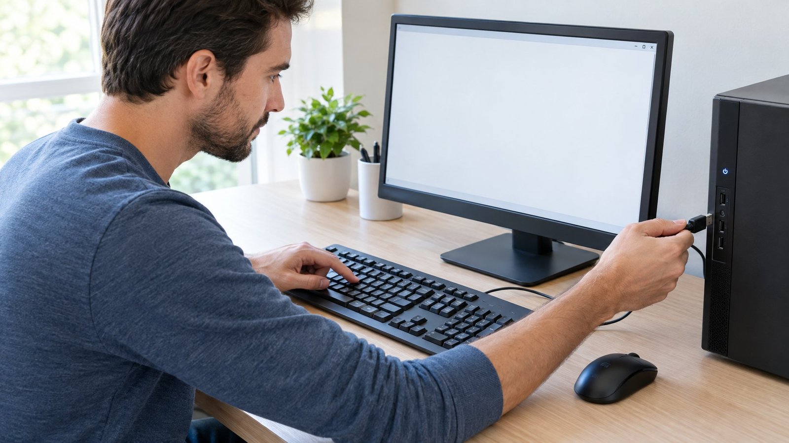 A person checks a keyboard's USB connection at a computer desk.