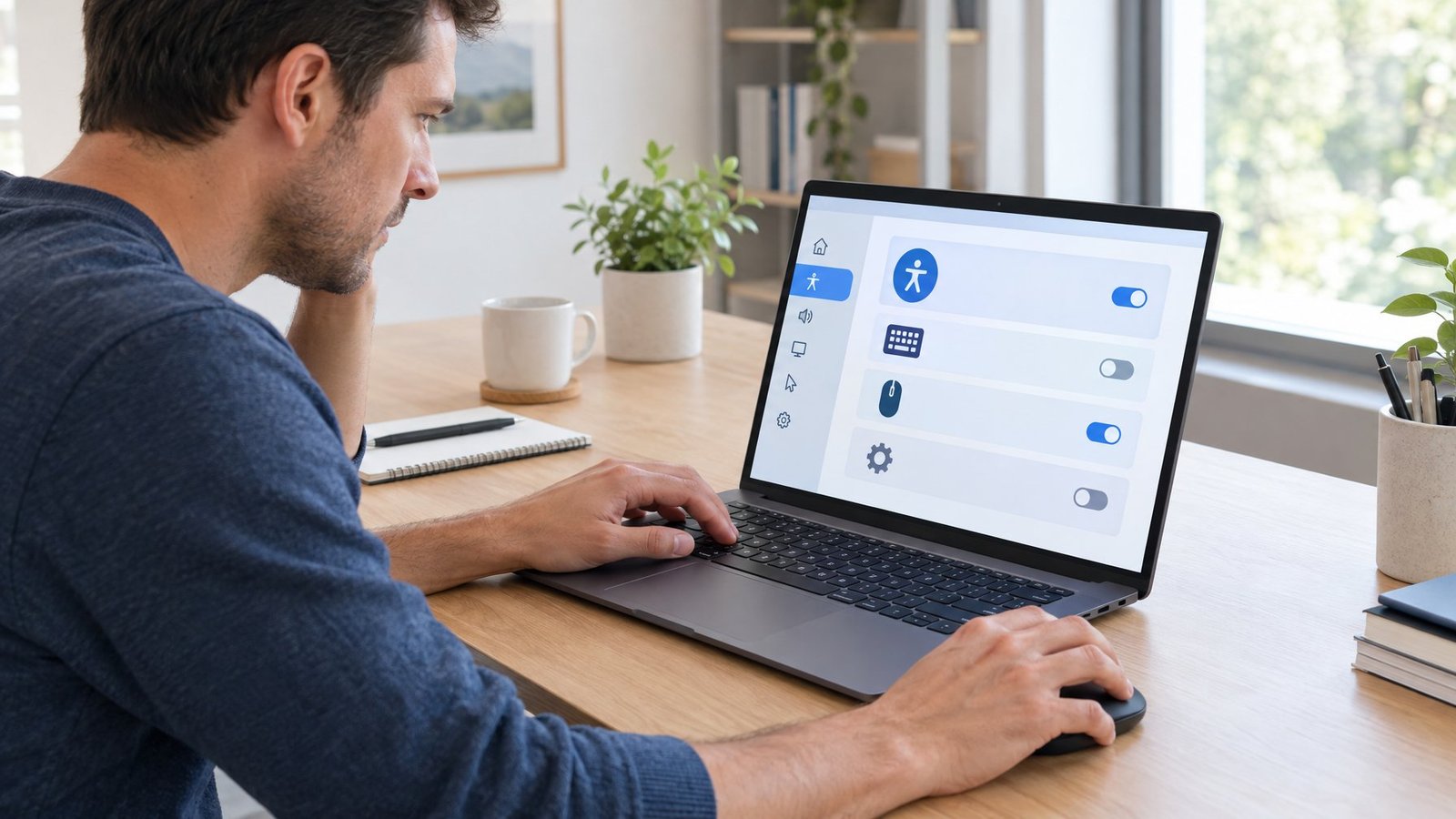 A person uses a mouse to check settings on a laptop while resting a hand on its keyboard.