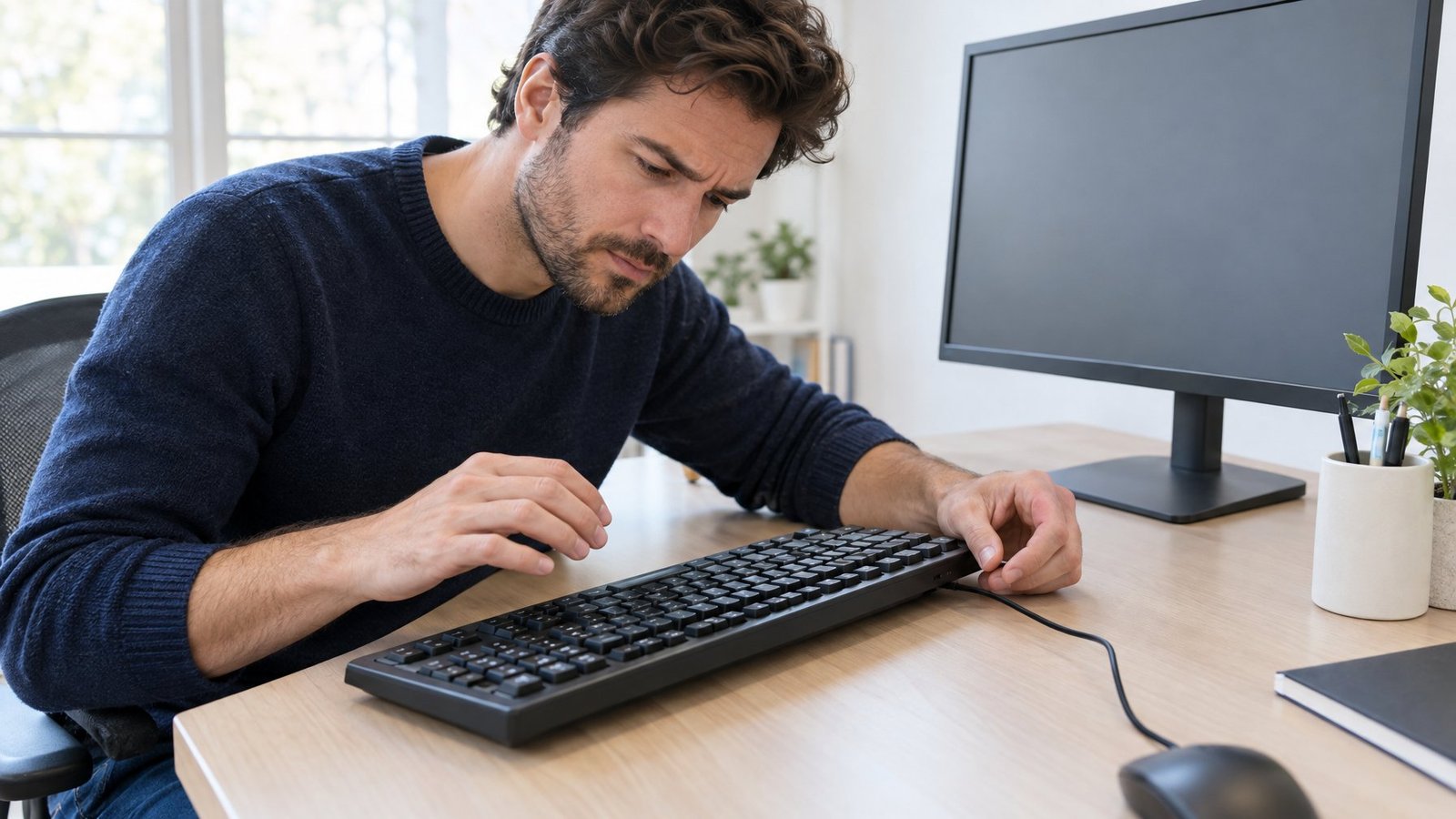 A person inspects a computer keyboard at a desk.