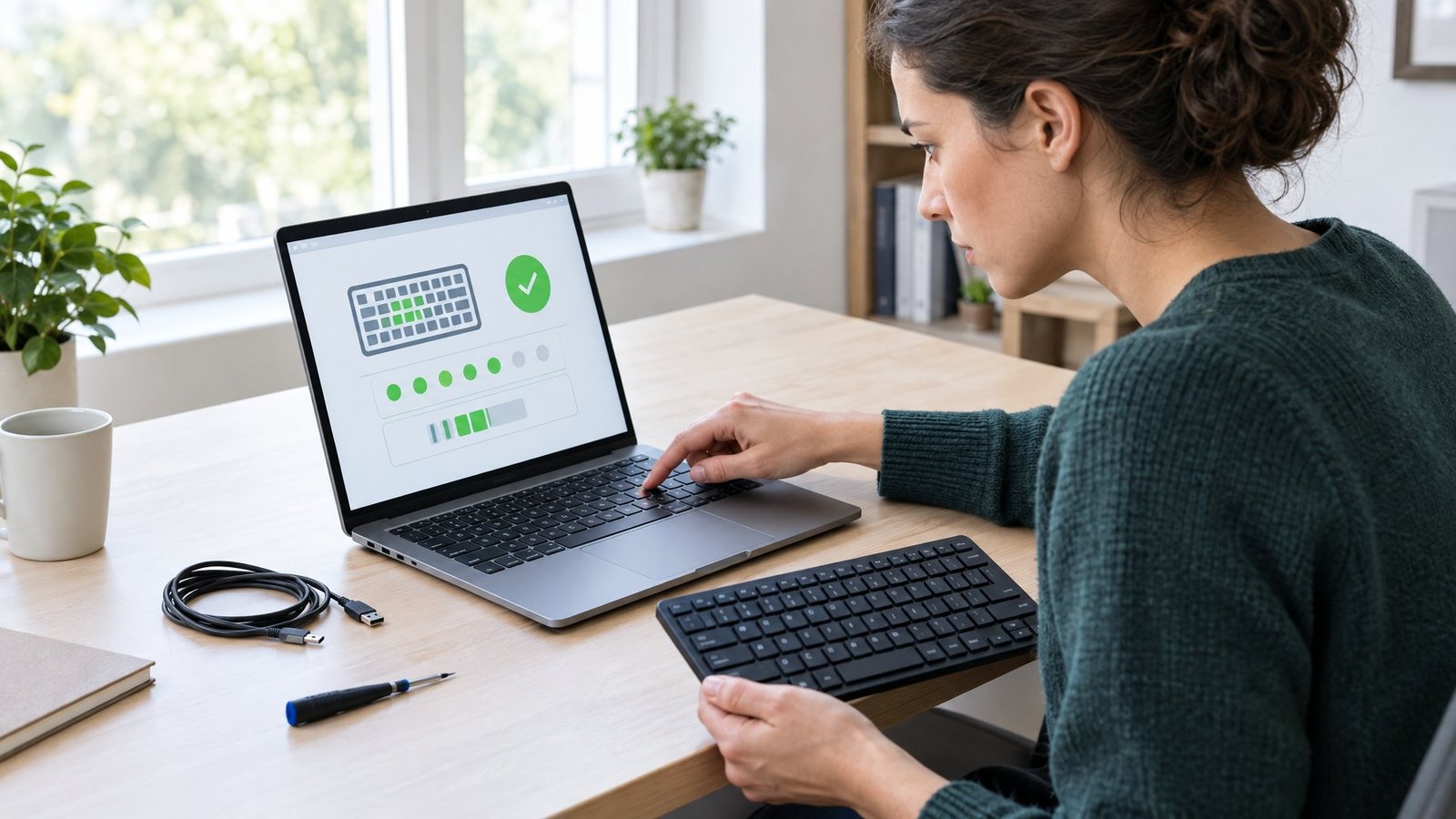 A person tests a laptop keyboard while comparing it with an external keyboard.