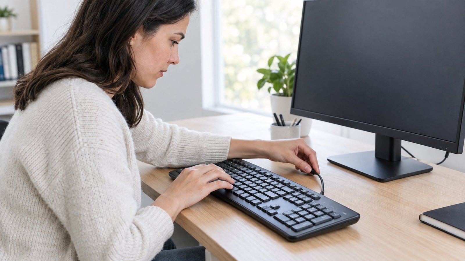 A person checks a computer keyboard at a home-office desk.