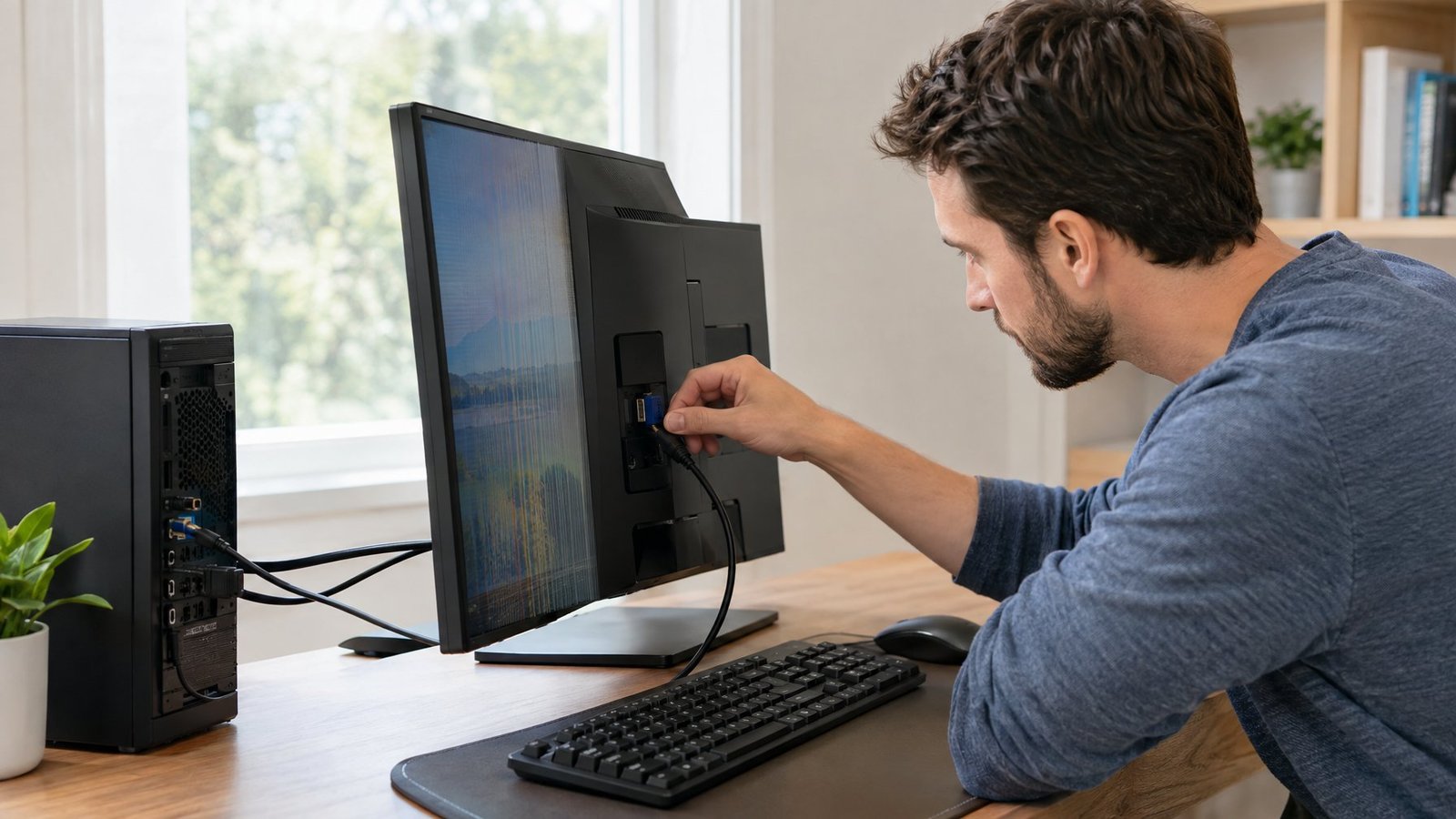 A person checks a desktop monitor and its cable in a home office.