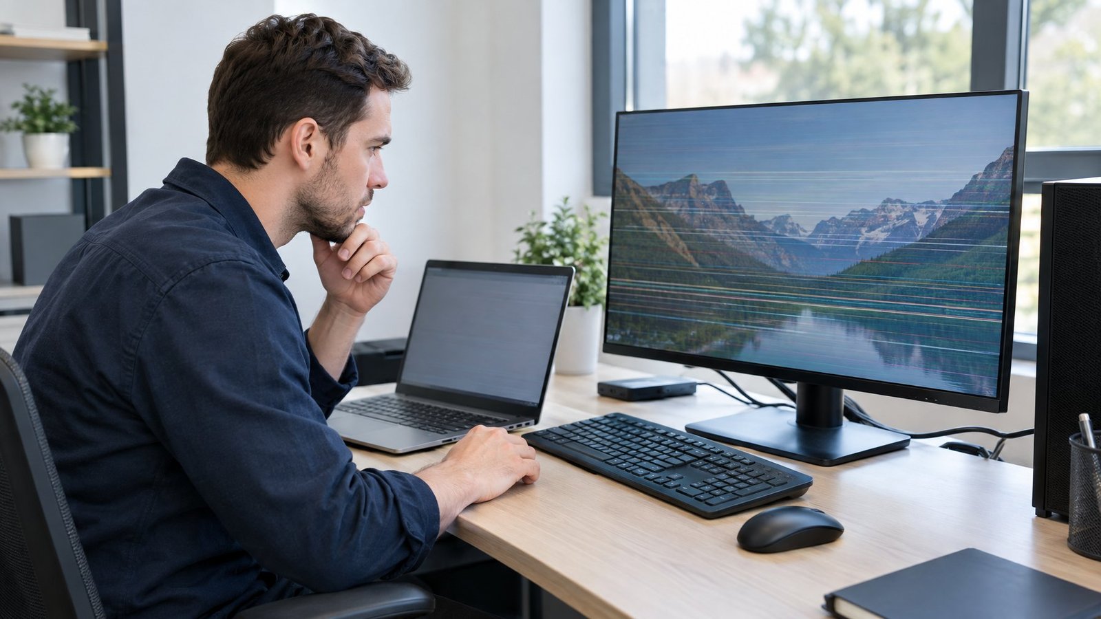 An IT technician troubleshoots a computer monitor with a flickering screen.
