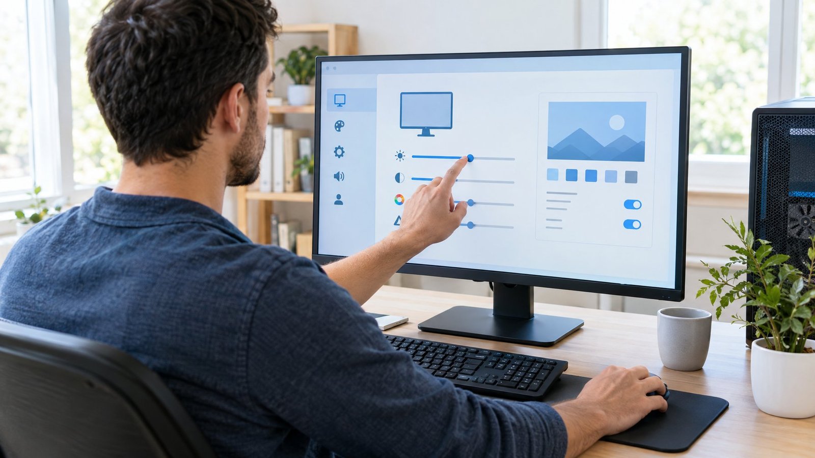 A person adjusts display settings on a computer at a desk.