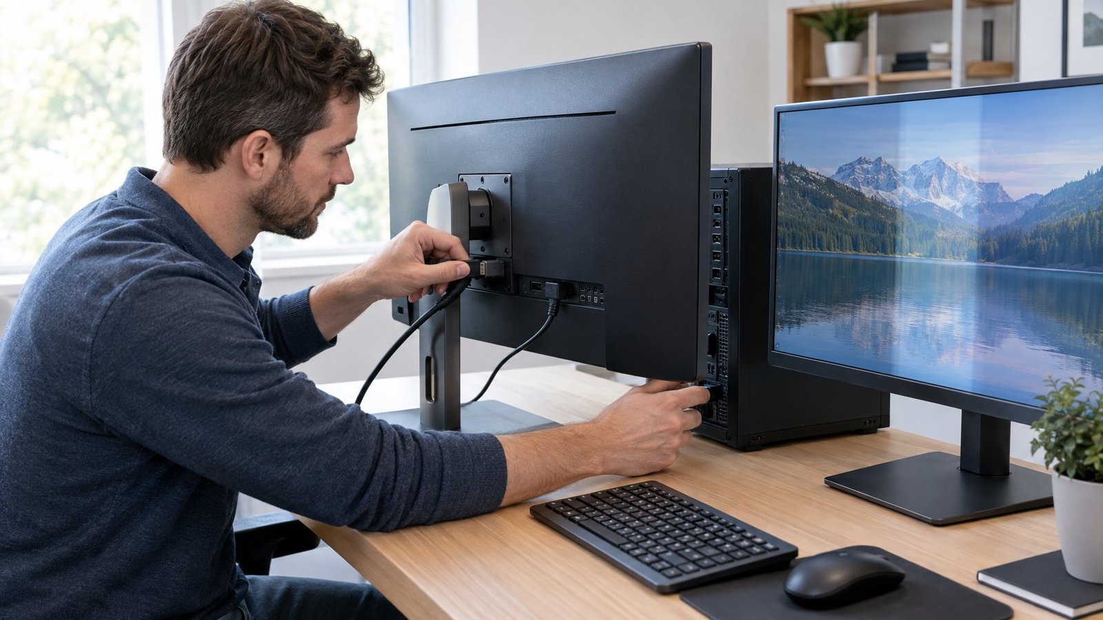 A technician checks the cable connections on a desktop computer monitor.