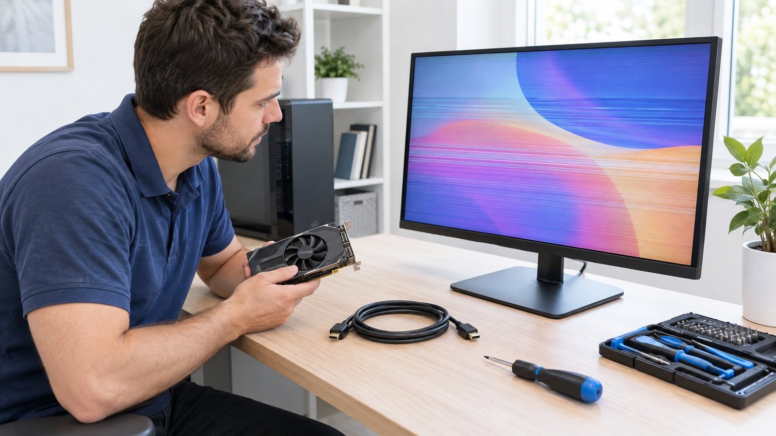 A technician examines a flickering computer monitor, display cable, and graphics card.