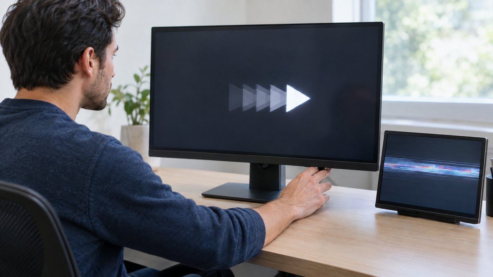 A person compares motion trails and display distortion on two computer screens.