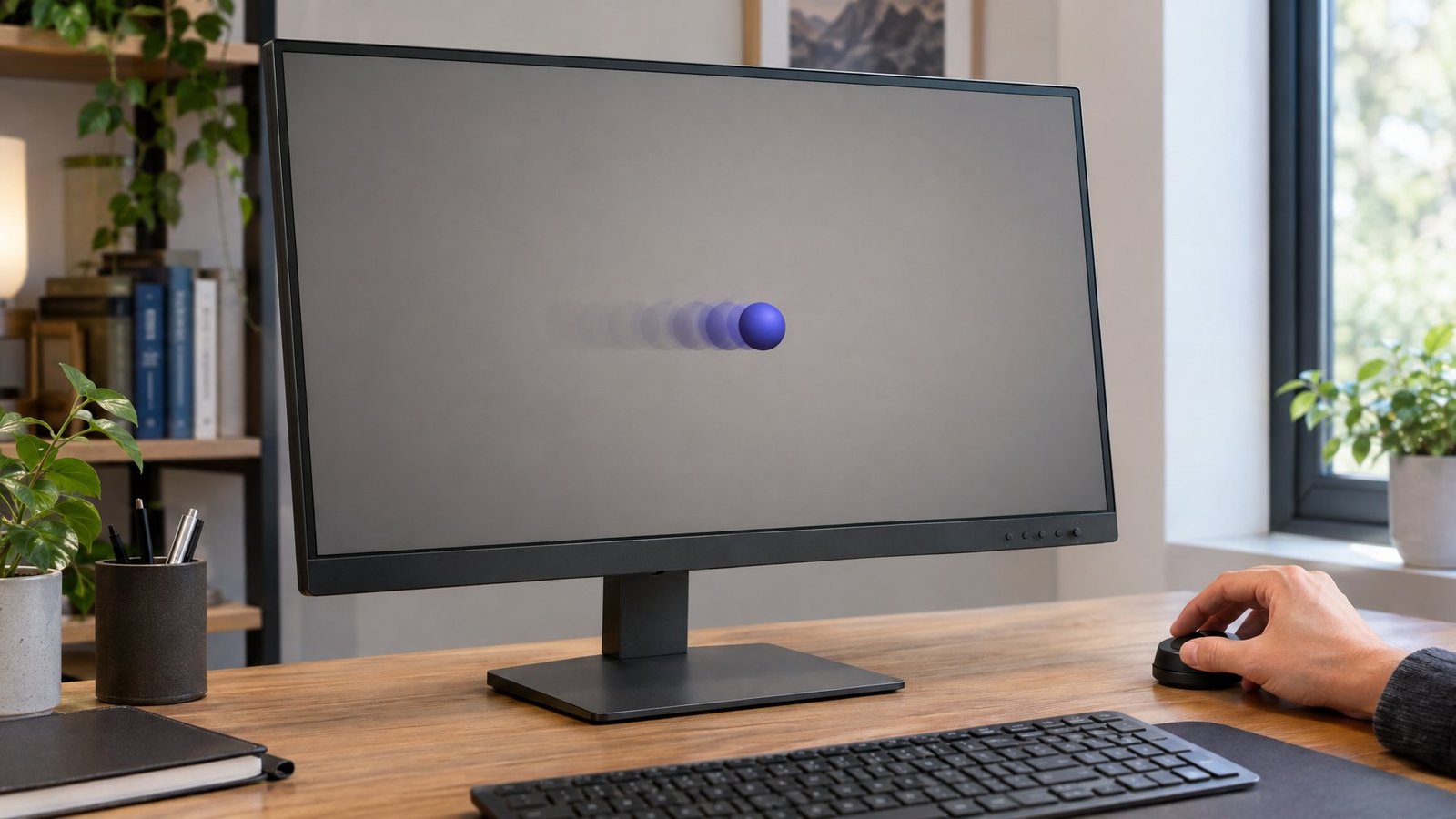 A person adjusts a computer monitor displaying a moving object with a faint ghost trail.
