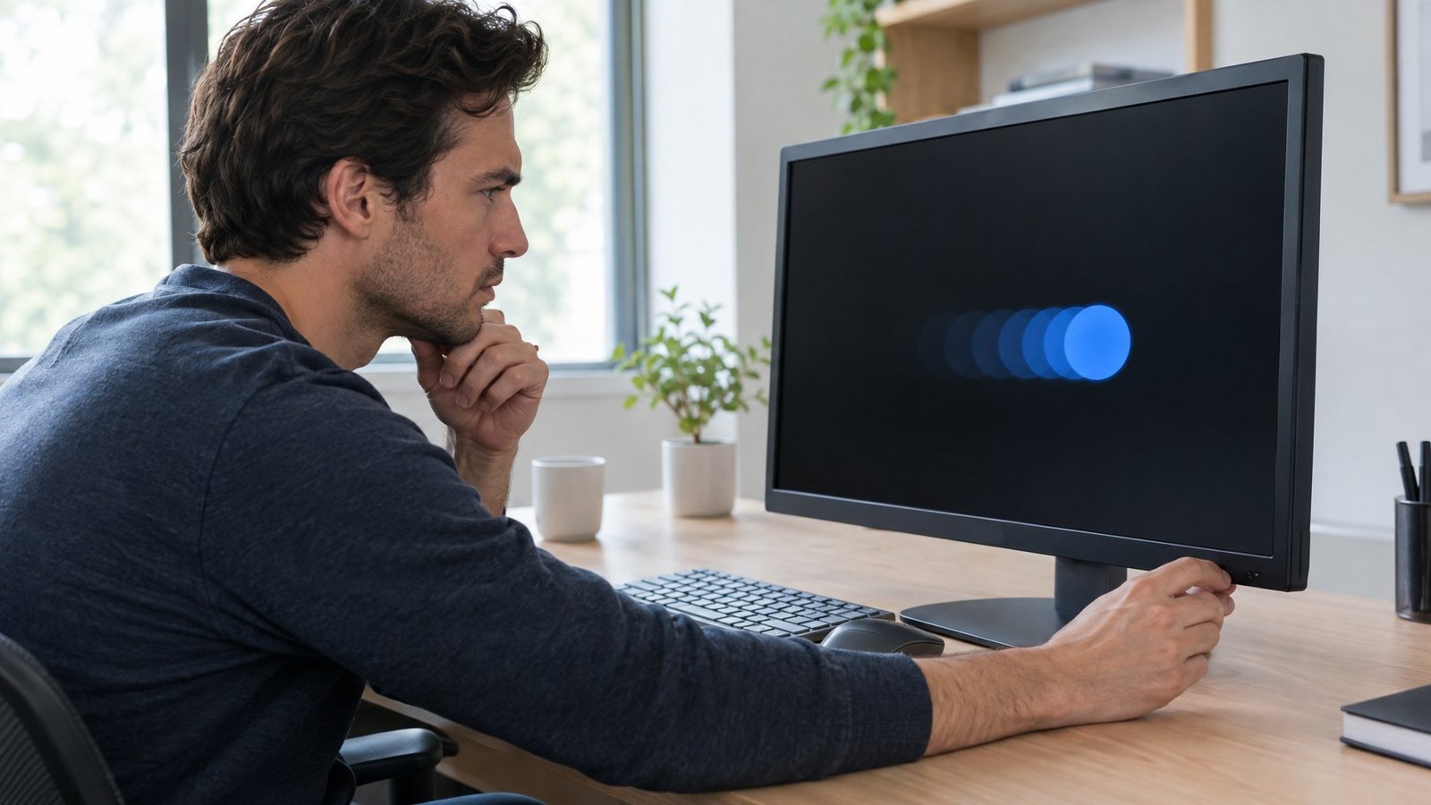 A person examines a computer monitor with faint trailing images behind a moving shape.