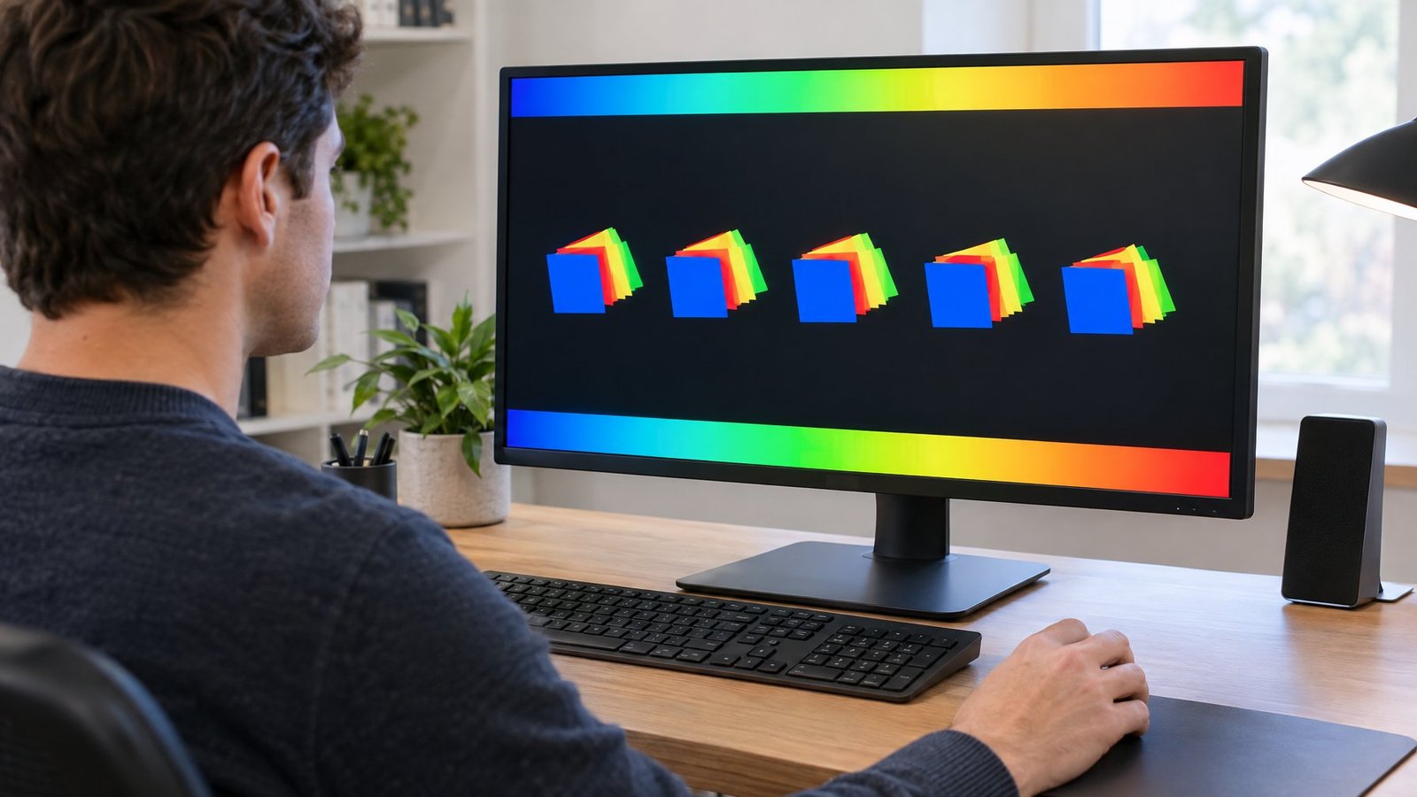 A person tests motion clarity on a desktop monitor in a home office.