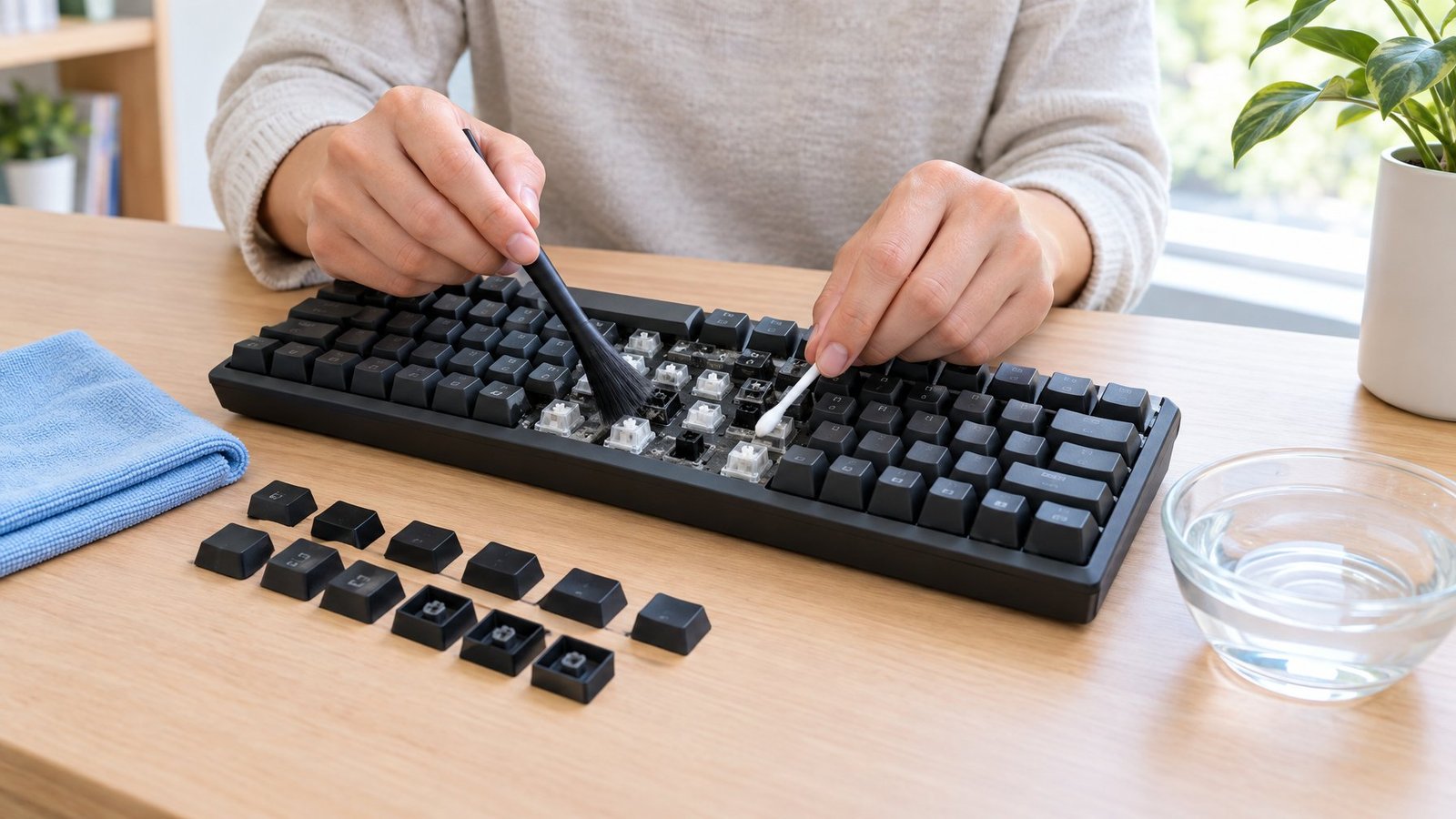 A person cleans around removed keys on a computer keyboard with a small brush.